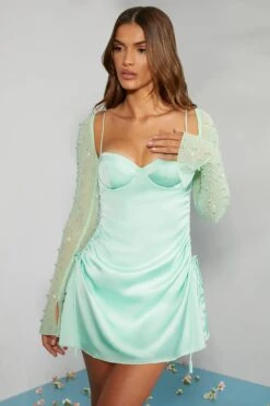 Long Sleeve Embellished A-line Mini Dress In Mint -Pretty Dresses Sales 6717 4 Geneva Mint Ruching Detail Dress 1