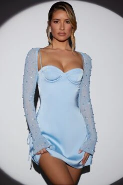 Long Sleeve Embellished A-line Mini Dress In Blue 13 Long Sleeve Embellished A-line Mini Dress In Blue -Pretty Dresses Sales 6717 5 Geneva Blue Wrap Over Skirt With Split