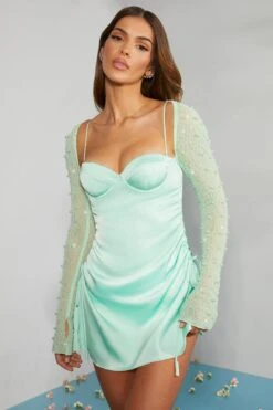 Long Sleeve Embellished A-line Mini Dress In Mint -Pretty Dresses Sales 6717 5 Geneva Mint Ruching Detail Dress 1