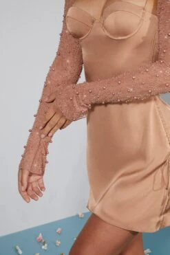 Long Sleeve Embellished A-line Mini Dress In Beige -Pretty Dresses Sales 6717 6 Geneva Biege Ruching Detail Dress