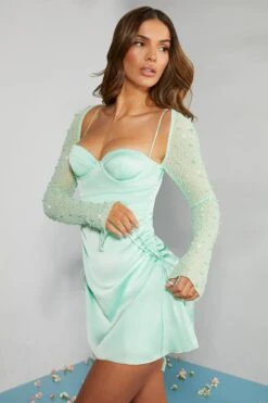 Long Sleeve Embellished A-line Mini Dress In Mint -Pretty Dresses Sales 6717 6 Geneva Mint Ruching Detail Dress 1