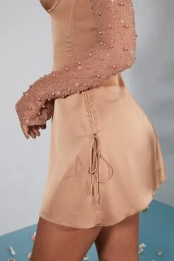 Long Sleeve Embellished A-line Mini Dress In Beige -Pretty Dresses Sales 6717 7 Geneva Biege Ruching Detail Dress