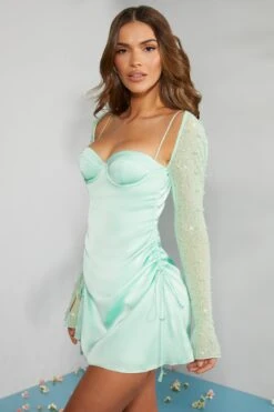Long Sleeve Embellished A-line Mini Dress In Mint -Pretty Dresses Sales 6717 7 Geneva Mint Ruching Detail Dress 1