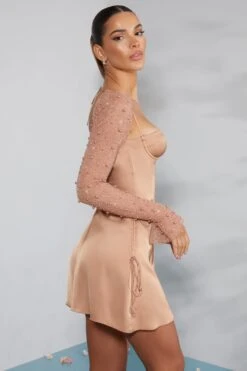 Long Sleeve Embellished A-line Mini Dress In Beige -Pretty Dresses Sales 6717 8 Geneva Biege Ruching Detail Dress