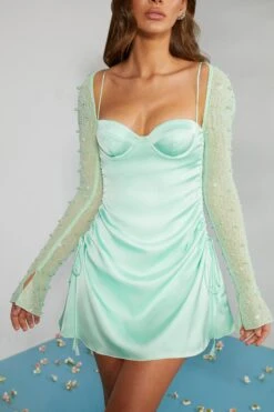 Long Sleeve Embellished A-line Mini Dress In Mint -Pretty Dresses Sales 6717 9 Geneva Mint Ruching Detail Dress 1