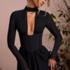 Long Sleeve Plunge Neck Mini Dress In Black