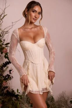 Long Sleeve Lace Corset Mini Dress In Ivory 17 Long Sleeve Lace Corset Mini Dress In Ivory -Pretty Dresses Sales 6729 3 Ninette Ivory Lace Long Sleeve Mini Dress