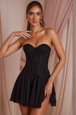 Strapless Lace Corset Mini Dress In Black -Pretty Dresses Sales 6731 1 Chloe Black Strapless Lace Corset Circle Skirt Mini Dress