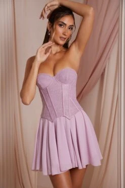Strapless Lace Corset Mini Dress In Dusty Pink -Pretty Dresses Sales 6731 2 Chloe Dusty Pink Strapless Lace Corset With Circle Skirt Mini Dress