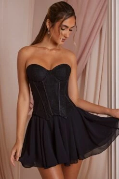 Strapless Lace Corset Mini Dress In Black -Pretty Dresses Sales 6731 3 Chloe Black Strapless Lace Corset Circle Skirt Mini Dress