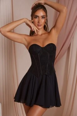 Strapless Lace Corset Mini Dress In Black -Pretty Dresses Sales 6731 4 Chloe Black Strapless Lace Corset Circle Skirt Mini Dress