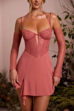 Lace Sleeve A-Line Mini Dress In Terracotta -Pretty Dresses Sales 6732 4 Maelle Terracotta Ots Low Plunge A Line Mini