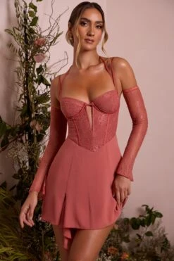 Lace Sleeve A-Line Mini Dress In Terracotta -Pretty Dresses Sales 6732 5 Maelle Terracotta Ots Low Plunge A Line Mini