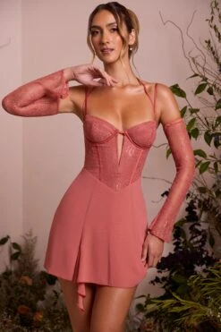 Lace Sleeve A-Line Mini Dress In Terracotta -Pretty Dresses Sales 6732 6 Maelle Terracotta Ots Low Plunge A Line Mini