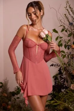 Lace Sleeve A-Line Mini Dress In Terracotta -Pretty Dresses Sales 6732 9 Maelle Terracotta Ots Low Plunge A Line Mini