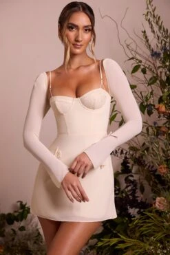 Long Sleeve Lace Cup Mini Dress In Ivory -Pretty Dresses Sales 6733 9 Veronique Ivory Lace Cup Detailing Mini Dress