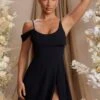 Draped Neck A-Line Mini Dress In Black