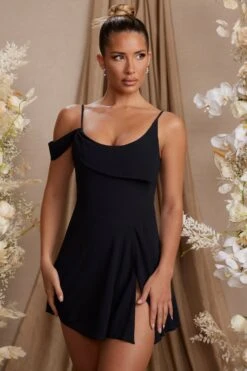 Draped Neck A-Line Mini Dress In Black -Pretty Dresses Sales 6743 2 Aspen Black Fold Over Neck Line Mini Dress