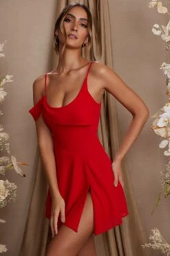 Draped Neck A-Line Mini Dress In Red