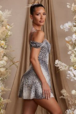 Draped Neck A-Line Mini Dress In Grey Print -Pretty Dresses Sales 6743 4 Aspen Print Fold Over Neck Line Mini Dress