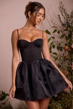 Tulle Skirt Corset Mini Dress In Black -Pretty Dresses Sales 6754 2 Floriane Black Satin Corset With Lace Trim And Tulle Skirt