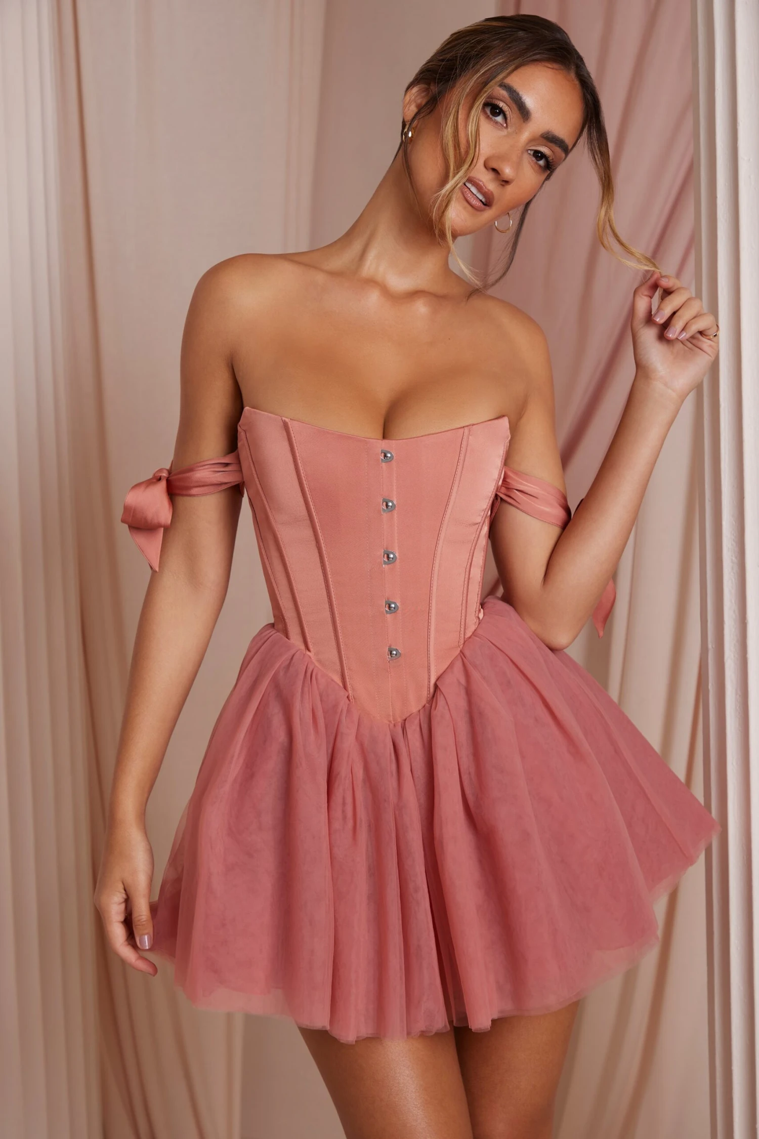 Off Shoulder Tulle Skirt Mini Dress In Terracotta 8 Off Shoulder Tulle Skirt Mini Dress In Terracotta - Image 8
