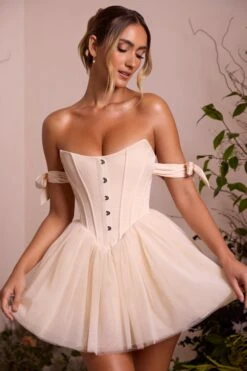 Off Shoulder Tulle Skirt Mini Dress In Ivory -Pretty Dresses Sales 6756 1 Reine Ivory Off Shoulder Tie Dress With Tulle Skirt
