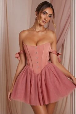 Off Shoulder Tulle Skirt Mini Dress In Terracotta 18 Off Shoulder Tulle Skirt Mini Dress In Terracotta -Pretty Dresses Sales 6756 1 Reine Terracotta Tulle Mini Skirt Corset Mini Dress