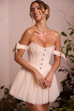 Off Shoulder Tulle Skirt Mini Dress In Ivory -Pretty Dresses Sales 6756 2 Reine Ivory Off Shoulder Tie Dress With Tulle Skirt