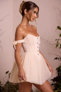 Off Shoulder Tulle Skirt Mini Dress In Ivory -Pretty Dresses Sales 6756 3 Reine Ivory Off Shoulder Tie Dress With Tulle Skirt