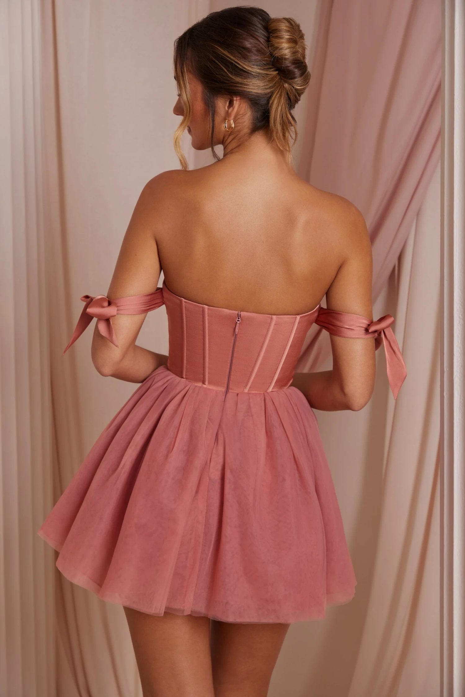 Off Shoulder Tulle Skirt Mini Dress In Terracotta 2 Off Shoulder Tulle Skirt Mini Dress In Terracotta - Image 2