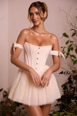 Off Shoulder Tulle Skirt Mini Dress In Ivory -Pretty Dresses Sales 6756 7 Reine Ivory Off Shoulder Tie Dress With Tulle Skirt