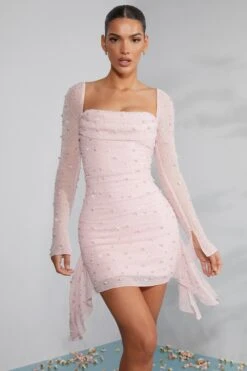 Long Sleeve Embellished Cowl Neck Mini Dress In Blush 15 Long Sleeve Embellished Cowl Neck Mini Dress In Blush -Pretty Dresses Sales 6790 1 Tivoli Blush Embellished Cowl Neck Side Drape Flare Sleeve Mini