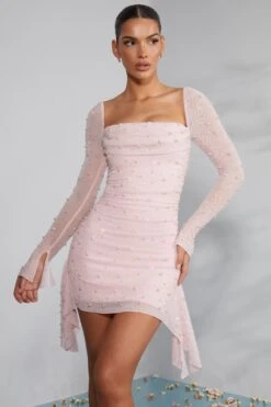 Long Sleeve Embellished Cowl Neck Mini Dress In Blush 16 Long Sleeve Embellished Cowl Neck Mini Dress In Blush -Pretty Dresses Sales 6790 2 Tivoli Blush Embellished Cowl Neck Side Drape Flare Sleeve Mini
