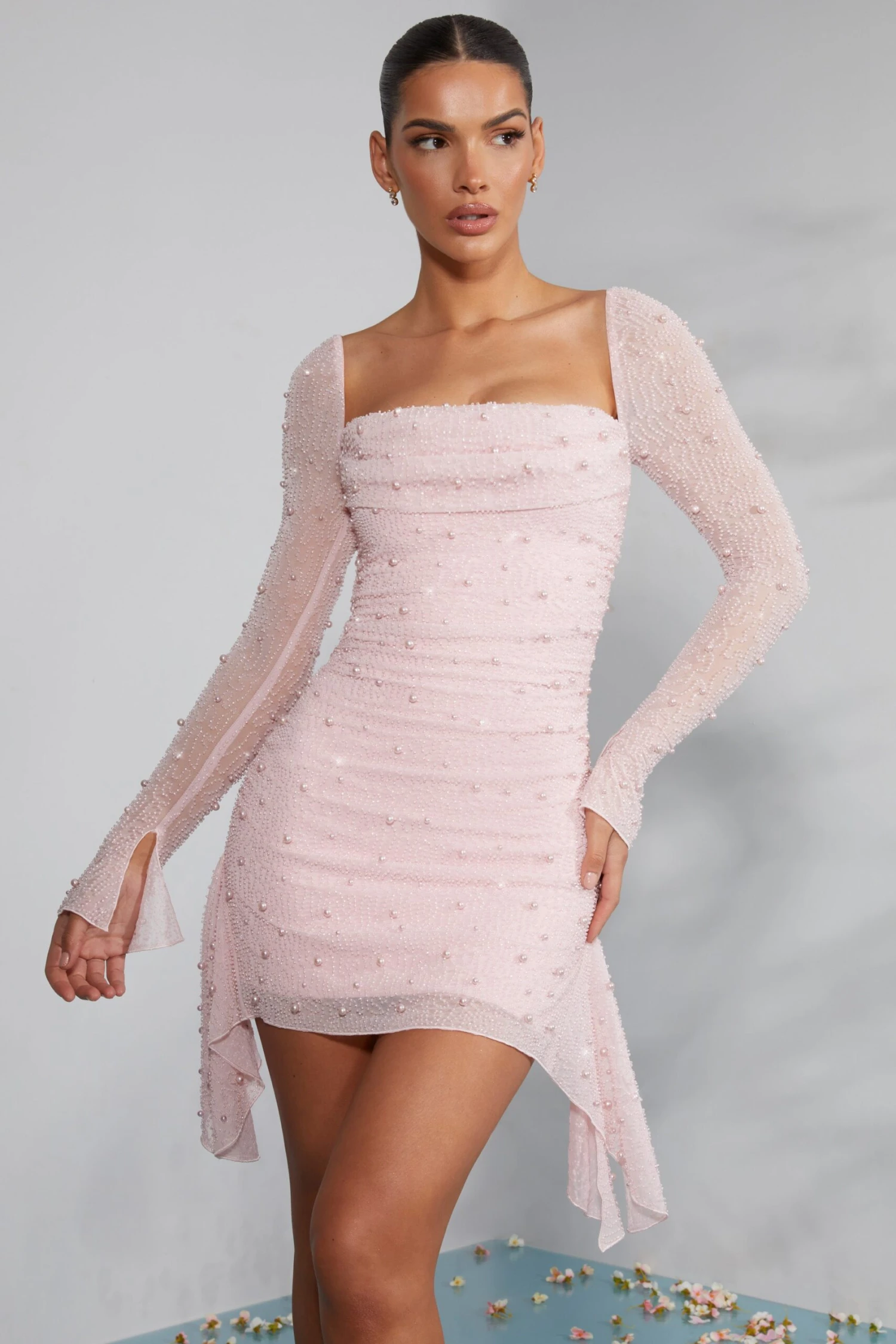 Long Sleeve Embellished Cowl Neck Mini Dress In Blush 7 Long Sleeve Embellished Cowl Neck Mini Dress In Blush - Image 7