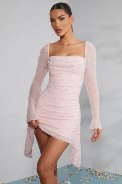Long Sleeve Embellished Cowl Neck Mini Dress In Blush 17 Long Sleeve Embellished Cowl Neck Mini Dress In Blush -Pretty Dresses Sales 6790 4 Tivoli Blush Embellished Cowl Neck Side Drape Flare Sleeve Mini
