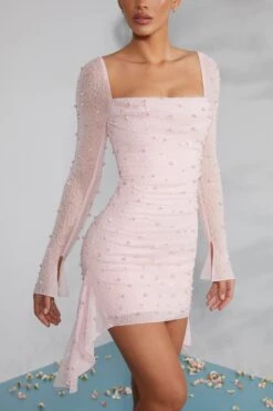 Long Sleeve Embellished Cowl Neck Mini Dress In Blush 13 Long Sleeve Embellished Cowl Neck Mini Dress In Blush -Pretty Dresses Sales 6790 7 Tivoli Blush Embellished Cowl Neck Side Drape Flare Sleeve Mini