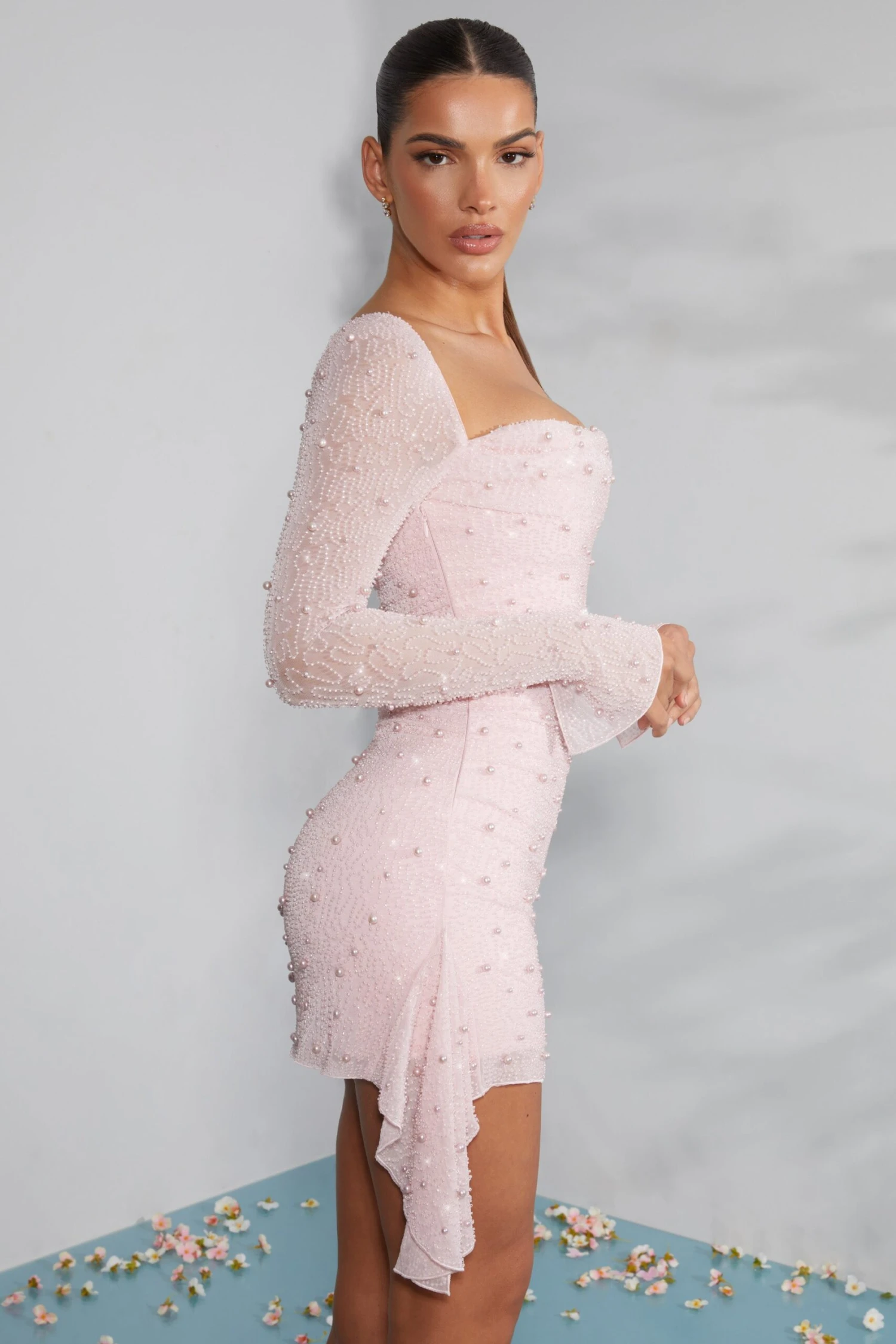 Long Sleeve Embellished Cowl Neck Mini Dress In Blush 3 Long Sleeve Embellished Cowl Neck Mini Dress In Blush - Image 3