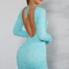 Long Sleeve Embellished Backless Mini Dress In Aqua