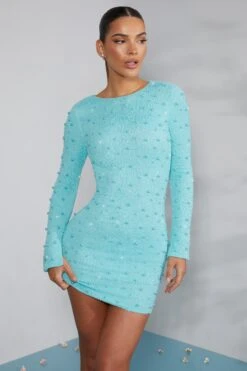 Long Sleeve Embellished Backless Mini Dress In Aqua 15 Long Sleeve Embellished Backless Mini Dress In Aqua -Pretty Dresses Sales 6791 2 Hague Aqua Long Sleeve Mini Dress