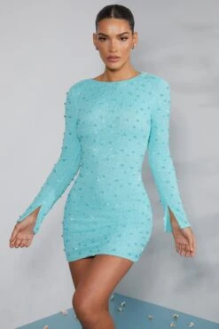 Long Sleeve Embellished Backless Mini Dress In Aqua 16 Long Sleeve Embellished Backless Mini Dress In Aqua -Pretty Dresses Sales 6791 3 Hague Aqua Long Sleeve Mini Dress