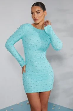 Long Sleeve Embellished Backless Mini Dress In Aqua 17 Long Sleeve Embellished Backless Mini Dress In Aqua -Pretty Dresses Sales 6791 4 Hague Aqua Long Sleeve Mini Dress
