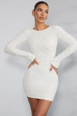 Long Sleeve Embellished Backless Mini Dress In Ivory 17 Long Sleeve Embellished Backless Mini Dress In Ivory -Pretty Dresses Sales 6791 4 Maeve Ivory Long Sleeved Mini Dress
