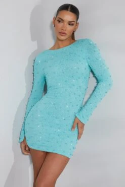 Long Sleeve Embellished Backless Mini Dress In Aqua 18 Long Sleeve Embellished Backless Mini Dress In Aqua -Pretty Dresses Sales 6791 5 Hague Aqua Long Sleeve Mini Dress