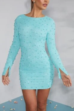 Long Sleeve Embellished Backless Mini Dress In Aqua 13 Long Sleeve Embellished Backless Mini Dress In Aqua -Pretty Dresses Sales 6791 6 Hague Aqua Long Sleeve Mini Dress