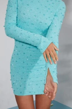 Long Sleeve Embellished Backless Mini Dress In Aqua 14 Long Sleeve Embellished Backless Mini Dress In Aqua -Pretty Dresses Sales 6791 7 Hague Aqua Long Sleeve Mini Dress