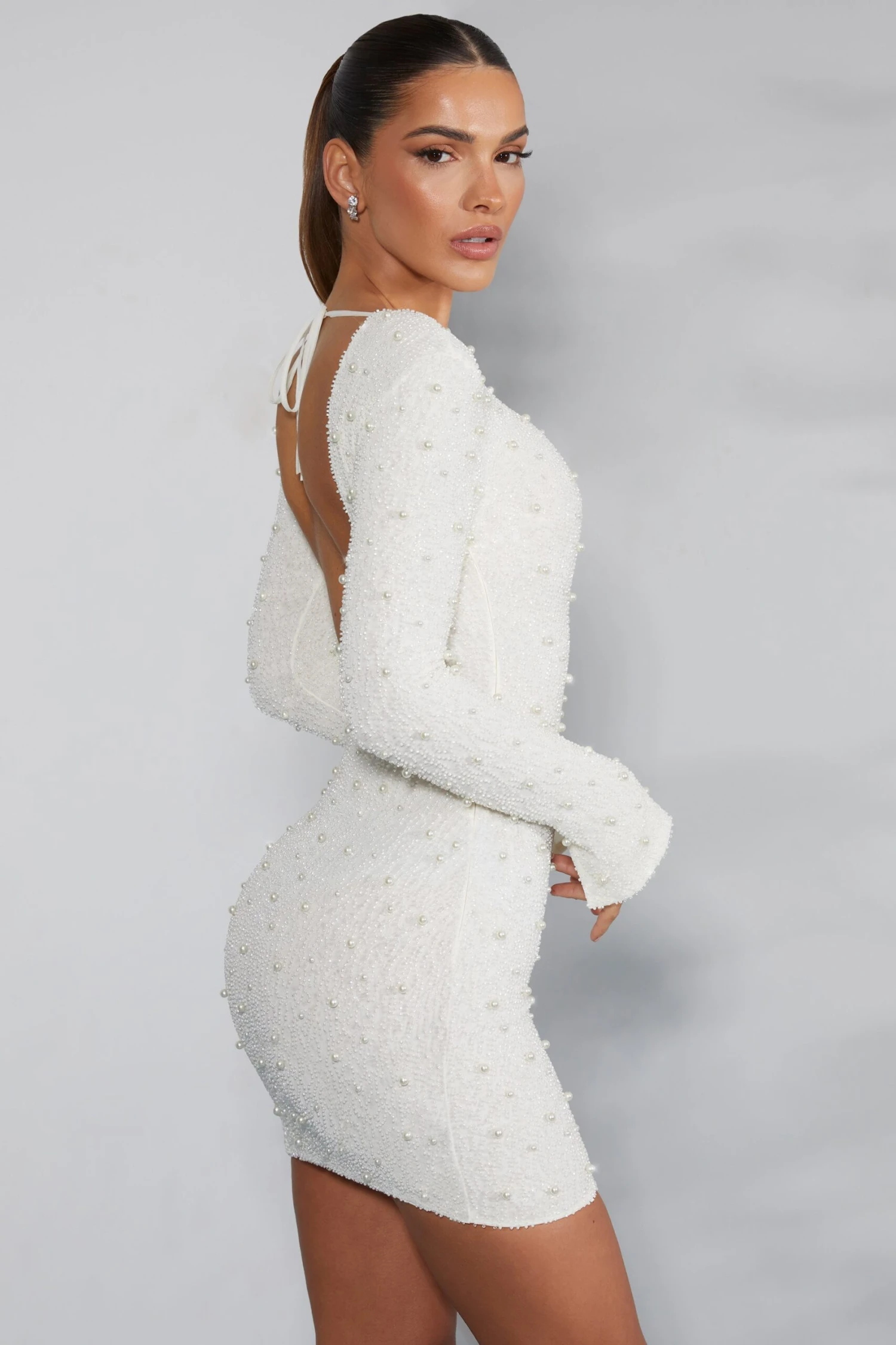 Long Sleeve Embellished Backless Mini Dress In Ivory 3 Long Sleeve Embellished Backless Mini Dress In Ivory - Image 3