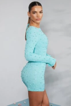 Long Sleeve Embellished Backless Mini Dress In Aqua 12 Long Sleeve Embellished Backless Mini Dress In Aqua -Pretty Dresses Sales 6791 8 Hague Aqua Long Sleeve Mini Dress