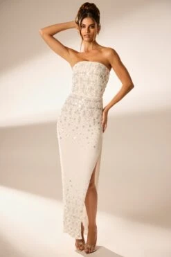 Hand Embellished Bandeau Maxi Dress In Ivory -Pretty Dresses Sales 6900 2 Alcyone Ivory Corsetted Maxi With Split Scayyered Embelishement