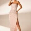 Hand Embellished Bandeau Maxi Dress In Blush